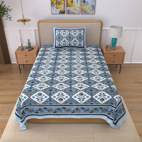 Image of 100% Cotton Single Bedsheet with 1 Pillow Cover | 240 TC Pure Cotton Flat Bed Sheet | Traditional Jaipuri Printed Bedding Set | Soft & Breathable | 60 x 90 Inch (Rangmahal Single 54)