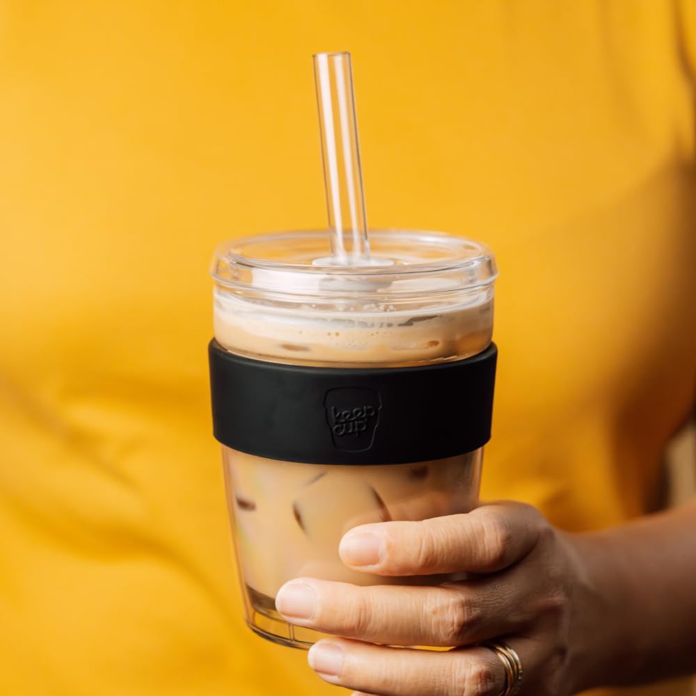 KeepCup Cold Cup - Longplay Double wall Glass Ice Coffee Tumbler with Lid and Straw - 12oz (340ml) - Black - Image 2