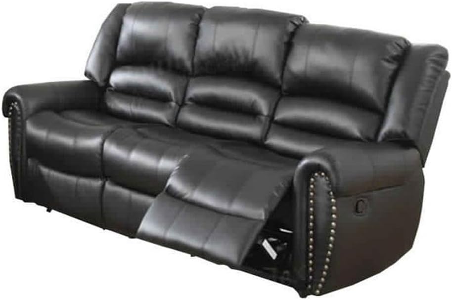 Pemberly Row Bonded Leather Reclining Sofa, Black Finish, Plywood Frame with Nailhead Trim, Built-in Recliner, Comfortable Living Room Seating, Sleek Upholstery, Luxury Style