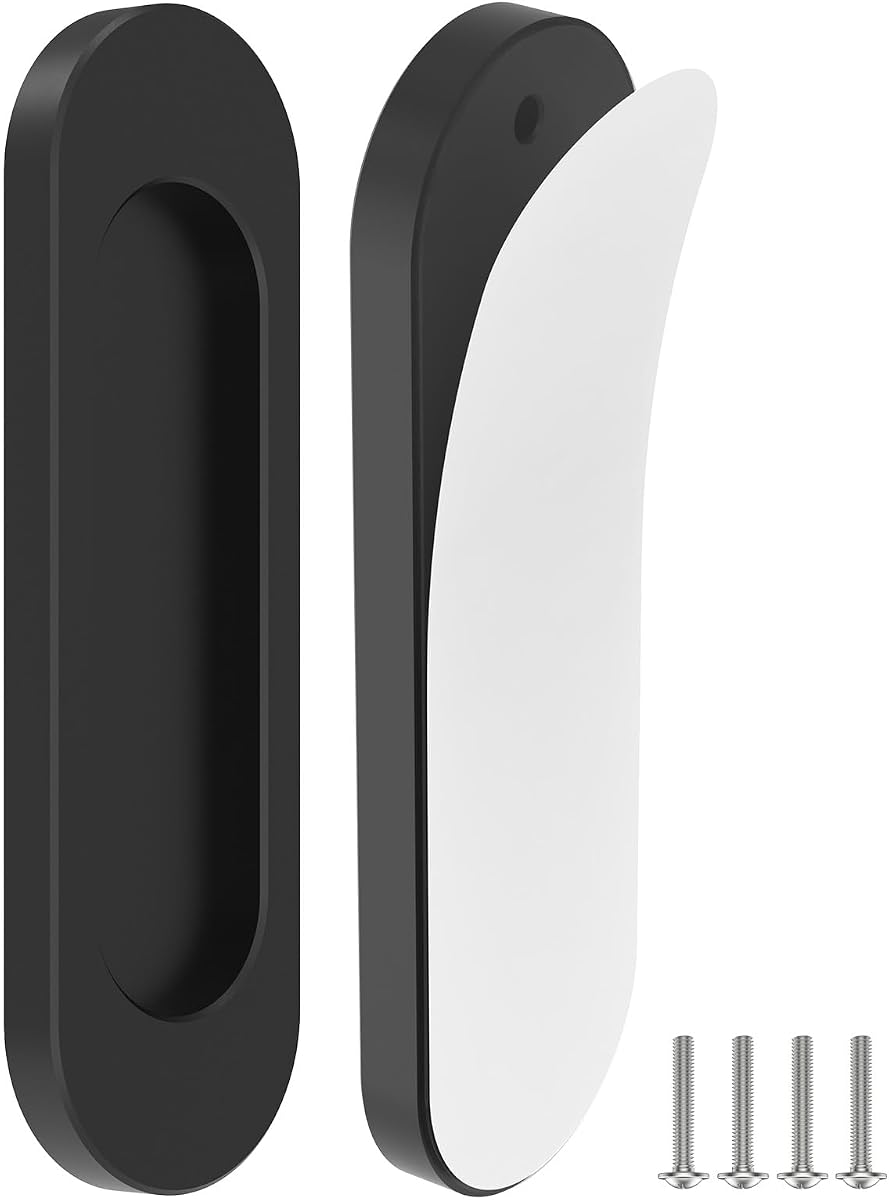 Manijas de puerta adhesivas, manija de puerta con pantalla de 4 pulgadas, paquete de 2 en color negro | Tiradores de dedo planos autoadhesivos de aleación de aluminio, perillas de gabinete sin taladro para cajones, puertas corredizas de vidrio/Granero/armario/balcón