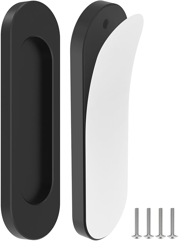 Manijas de puerta adhesivas, manija de puerta con pantalla de 4 pulgadas, paquete de 2 en color negro | Tiradores de dedo planos autoadhesivos de aleación de aluminio, perillas de gabinete sin taladro para cajones, puertas corredizas de vidrio/Granero/armario/balcón