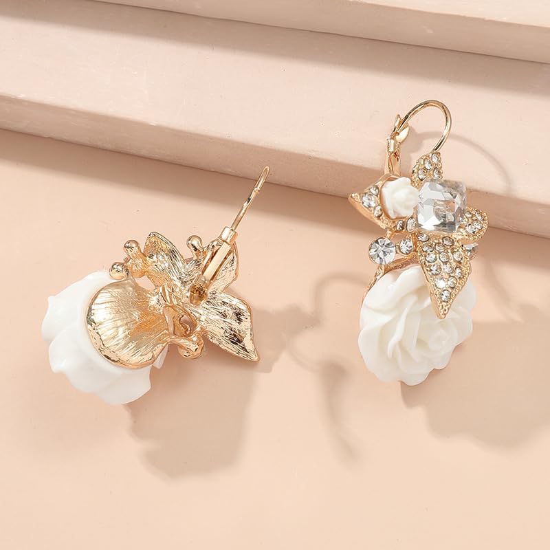 Dainty Bohemian Creative Alloy Rhinestone Resin Rose Flower Butterfly Dangle Drop Earrings Unique Butterfly Flower Three-Dimensional Lever Earrings for Women Wedding Jewelry Gifts - Image 7