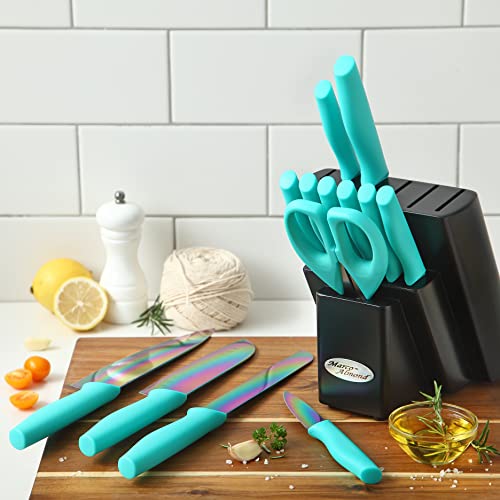 DISHWASHER-SAFE-KYA27-Rainbow-Titanium-Cutlery-Knife-Set-Marco-Almond-14-Piece-Kitchen-Knives-Block-Sets-Teal