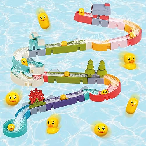 Image of Aprilwolf Duck Slide Bath Toys for Kids Ages 4-8, Wall Track Building Set for 5-7 Years Old, Fun DIY Kit Birthday Gift for Toddler Boys & Girls (52 PCS)