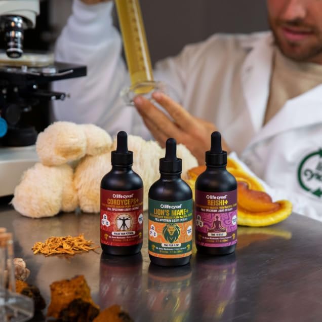 Miniatura 8 de Life Cykel Paquete de atletas profesionales  Reishi, melena de león y extracto de hongo Cordyceps  Tintura de hongos de espectro completo para