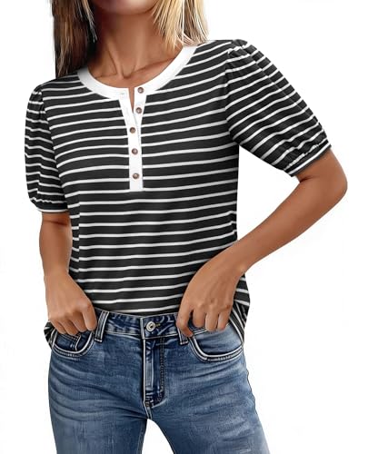 Striped Shirt Women Black Button Up Henley Tops Cute Short Sleeve Blouses Dressy Casual Vacation Travel Outfits