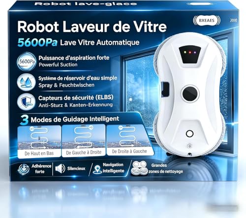 Robot Laveur de Vitre, 5600Pa Laveur de Vitre Automatique avec Fonction de Pulvérisation, Navigation Intelligente, 3 Modes de Nettoyage, Corde de Sécurité et UPS, pour Fenêtres, Verre, Miroirs