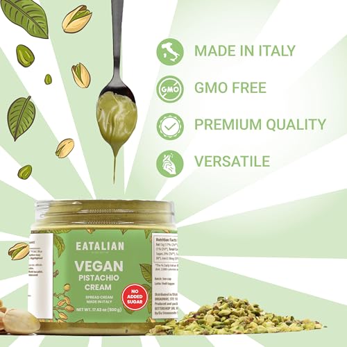 Image of EATALIAN by AMZ BETTER Vegan Pistachio Cream Sugar Free, 17.63 oz / 500 gr, Delicious sugar free vegan spread, ideal on bread, perfect with ice cream, Excellent for Dubai Chocolate, Made in Italy