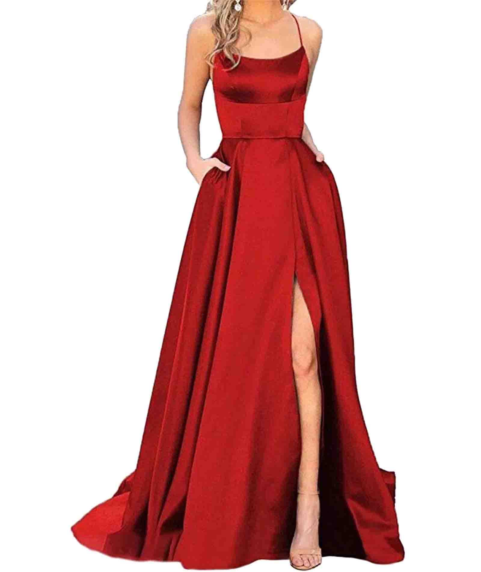 HAHAEMMA Vestido largo para mujer, elegante, con bolsillos, de satén, línea A, sin espalda, vestido de noche, vestido de noche, sexy, espagueti, vestido de novia, vestido largo de princesa de dama de