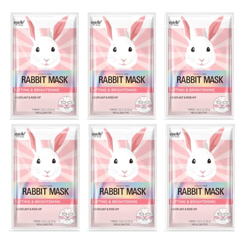 Epielle Character Face Mask Rabbit 6 Pack, Fun & Effective Korean Skin Care, Spa Party Favors, Stocking Stuffers, Birthday Gifts for Women, Self Care Gifts