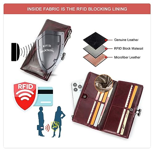Image of CONTACTS Kiss Lock Wallet for Women Leather Kiss Clasp Purse Bifold Wallets Card Phone Holder Clutch with Rfid Blocking (Red)