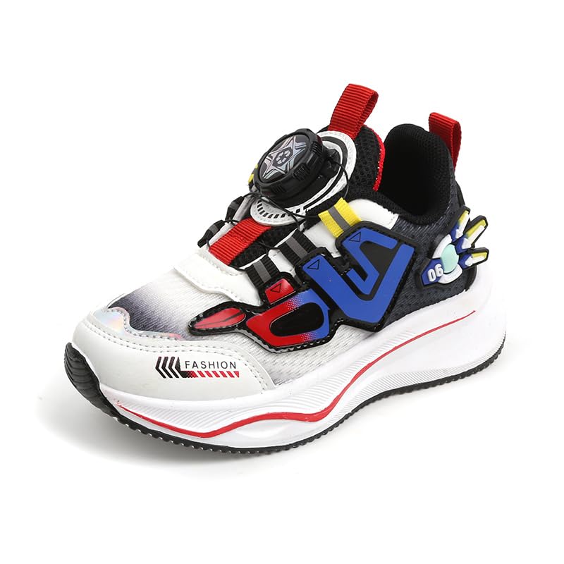 Kids Fashion Sneakers with Dial Closure, Athletic Running Shoes, White/Red/Blue, Chunky Platform Design
