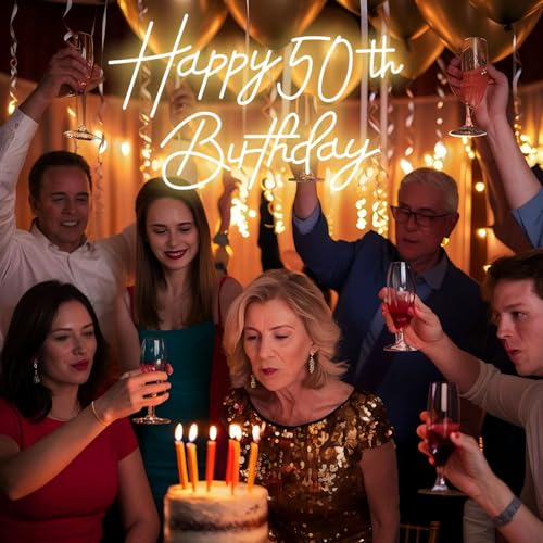 Image of Happy 50th Birthday Neon Sign For Birthday Party16.5 inch*10.5 inch Neon Happy Birthday Led Neon Light For Party Backdrop Wall Decor With Dimmable Switch Birthday Light Up Sign Birthday Gift