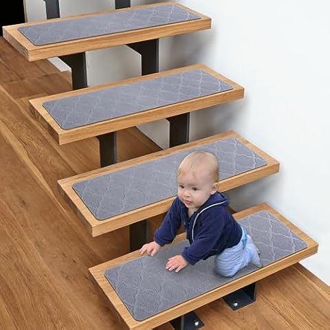 LiBa 8" X 30" (15-Pack) Non-Slip Stair Treads for Wooden Steps, Anti Slip Indoor Stair Runners Rugs Pad for Elders Kids and Pets, Pre-Applied Adhesive Staircase Carpets Reusable Gray Cover