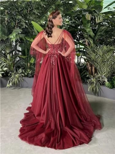 Lace Appliques Long Prom Dresses with Cape Beaded Tulle Puffy Sleeve Evening Formal Ball Gowns2