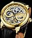 Stuhrling Original Mens Automatic-Self-Wind Luxury Dress Skeleton Dual Time Gold-Tone Wrist-Watch 22 Jewels 47 mm Stainless Steel Case Decorative Exposed Back Embossed Supple Genuine Leather Strap