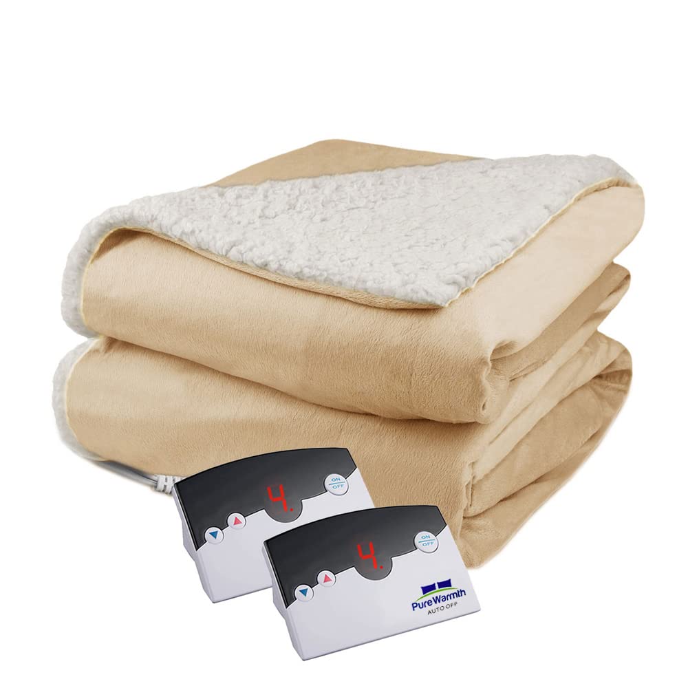 Pure Warmth Velour Sherpa Electric Blanket - Warm Queen Size Heating Blanket with Auto Shut Off and 10 Heat Settings - Linen