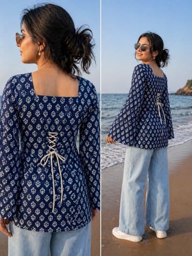 Image of SONISHA Women's Rayon Floral Print Short Kurti for Women Elegance Square Neck, Long Sleeves with Style Criss Cross Back Kurti, Top for Office Wear, Casual, Outdoor