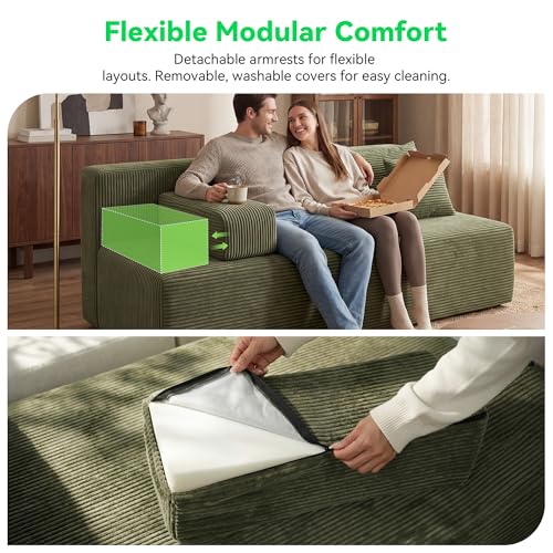 Image of MONVANE 3-Piece Boneless Loveseat Couch Set for Living Room, Oversized Modular Sectional Sofa Set with Removable Armrests, Comfy Corduroy Cloud Couch with 12 Pillows, No Assembly Required, Green