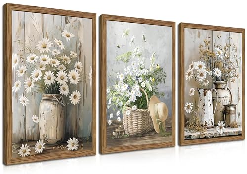 Wood Framed Rustic Farmhouse Wall Art, Vintage Daisy Floral Canvas