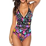 Vintage 80s Women's One Piece Swimsuits Retro 90s Tummy Control Bathing Suit 1 Piece Swimwear V Neck Swim Suits M