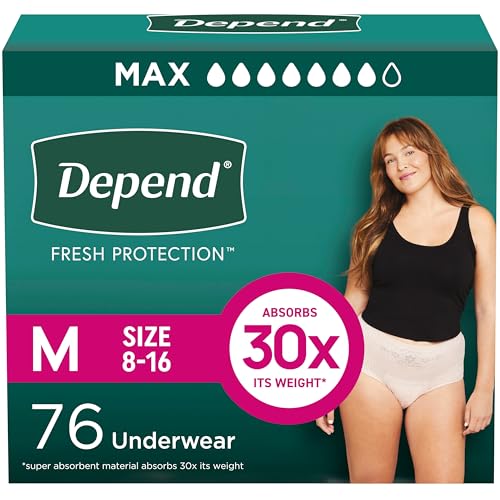 Depend Fresh Protection Adult Diapers, Incontinence & Postpartum Bladder Leak Underwear for Women, Disposable, Maximum, Medium, Blush, 76 Count (2 Packs of 38), Packaging May Vary