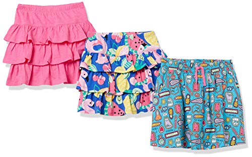 Amazon Essentials Toddler Girls' Knitted Ruffle Scooter Skorts with Elastic Waist and Shorts, Pack of 3, Deep Blue Fruit/Doodles Print/Pink, 3T