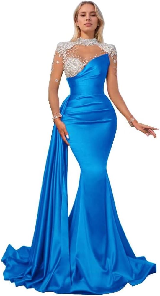 High Neck Mermaid Prom Dresses Long Sleeves Sweetheart Tulle Beaded Satin Pleated Tight Formal Dresses Evening Party Gowns