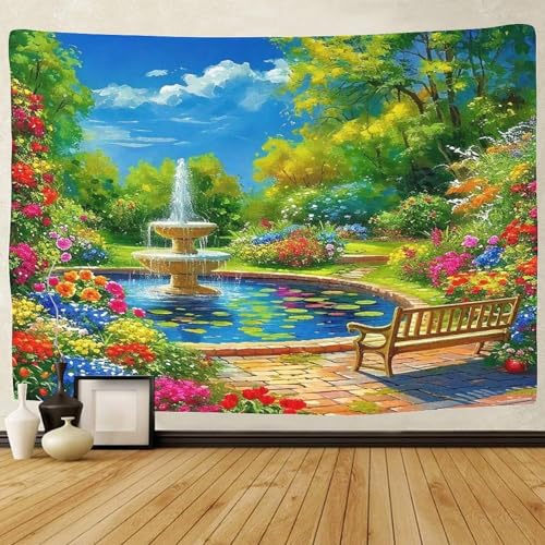 Tenture 3D paysage fontaine pour habiller un grand mur de salon
