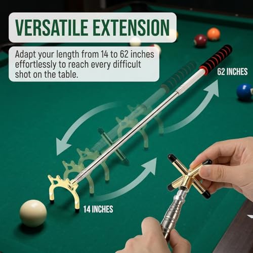 Pumtus Retractable Billiards Cue Bridge, Snooker Pool Cue Bridge Stick, Billiards Cue Rest with 3 Pieces Removable Brass Bridge Head, Billiards Table Accessories for Pool Table, Game, Competition - Image 4