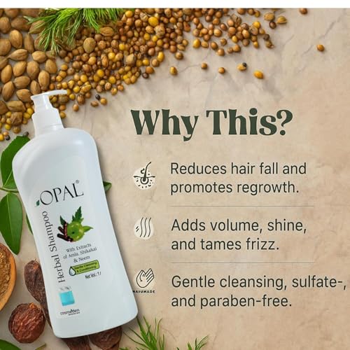 Image of OPAL Herbal Hair Shampoo 1 Litre with Amla, Shikakai & Neem | Paraben Free Shampoo for frizzy and dry hair| Helpful for Hair Growth & Hair fall Control| Herbal Shampoo for Men & Women