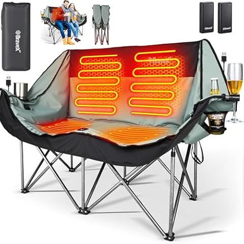 Heated Double Camping Chair, Heated Camping Chair 2-Person Folding Chair with 2PCS 20000mAh Battery, Portable Loveseat Heated Chair Outdoor Sports Up to 550LBS (W/Wine Glass Holder & Cup Holder) Cover