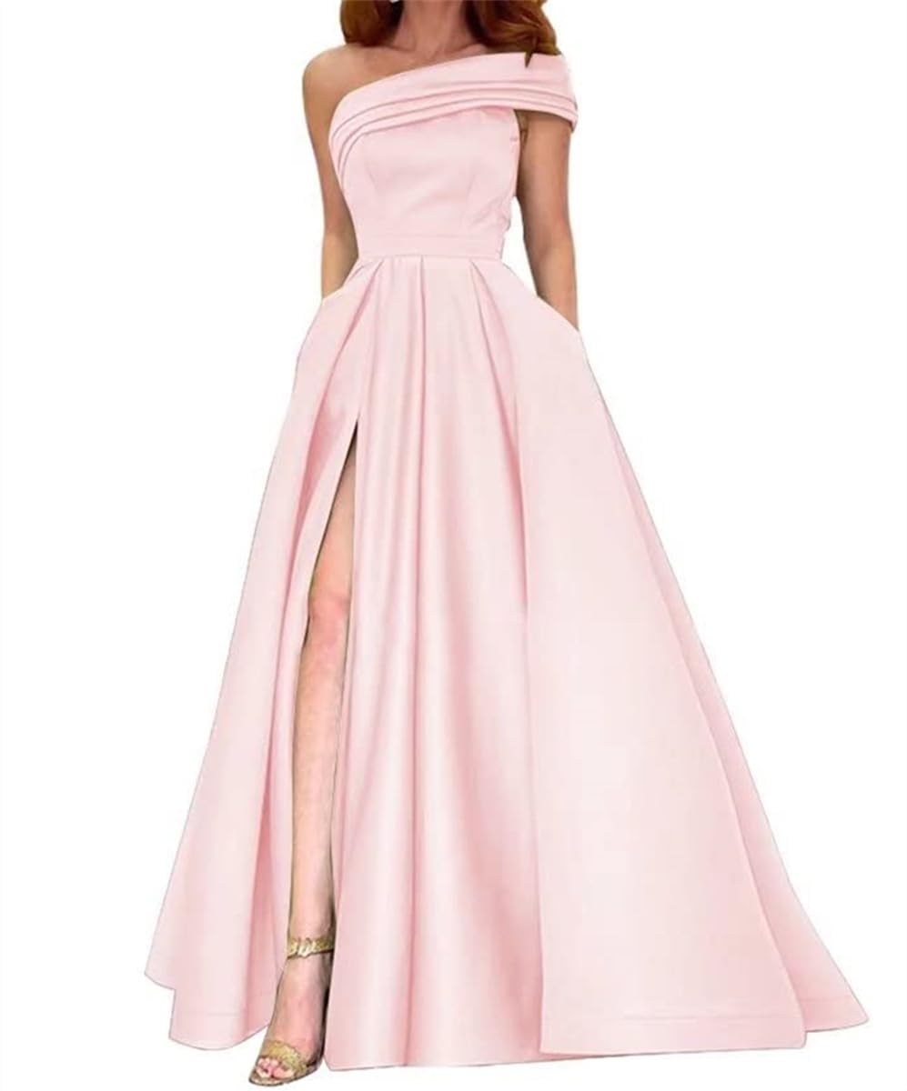 Wseyu Women's Pink Simple Prom Gowns With Pockets A-Line Satin One Shoulder Evening Gowns Uk22