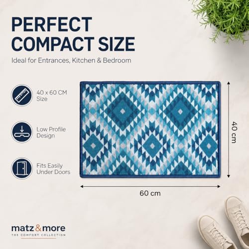 Image of Matz&More Pattern Aztec Diamonds Floor Mat | 40x60 CM | Blue | Nylon Tufted Gel Baking Anti-Slip | Doormat for Home Entrance, Kitchen & Bedroom