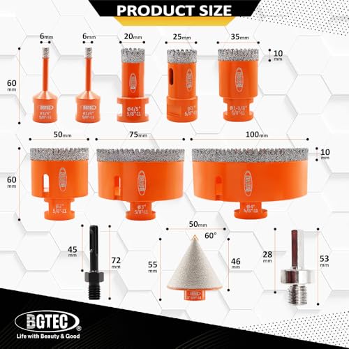 Image of BGTEC Diamond Core Drill Bits-11PCS 5 /8-11 Thread Tile Hole Saw 6 /6 /20 /25 /35 /50 /75 /100mm+50mm Beveling Chamfer Bit+SDS /HEX Adapter for Pocelian Tile Ceramic Marble Granite Stoneware
