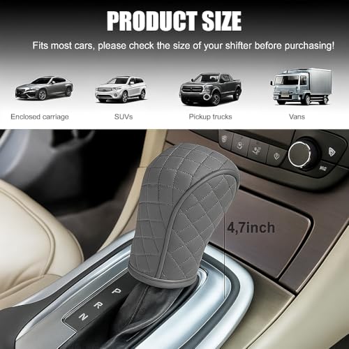 Image of DETACHI Car Gear Knob Cover Premium PU Leather Grey Non Slip Waterproof Gear Shift Protector Universal Fit for Cars SUVs Trucks Durable Diamond Design Handbrake Cover Stylish Car Interior Accessory