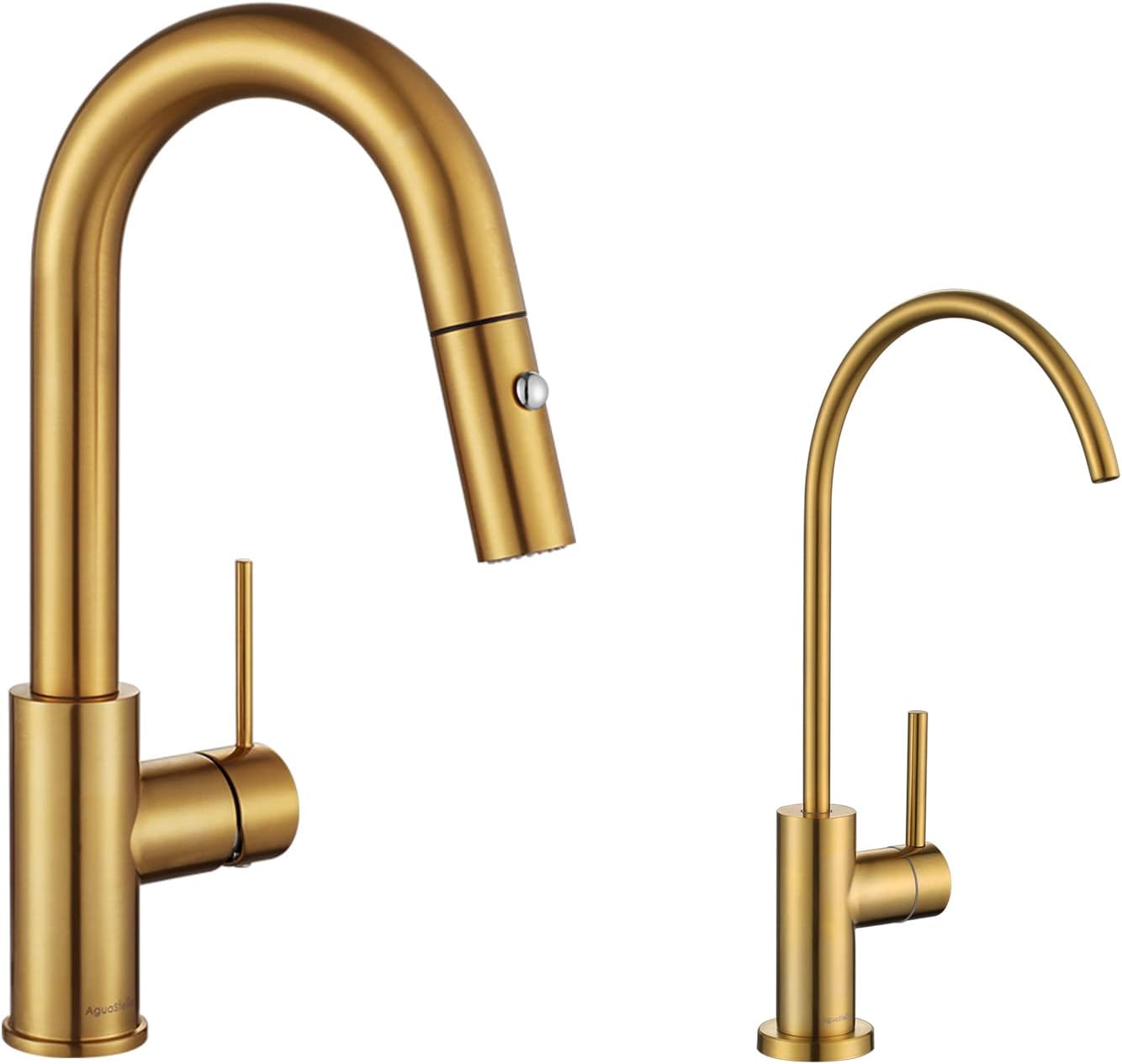 AguaStella AS59BG Brushed Gold Pull Down Bar Faucet and AS09BG Brushed Gold Stainless Steel Water Filter Faucet for Most Reverse Osmosis Units or Water Filtration System in Non-Air Gap Combination
