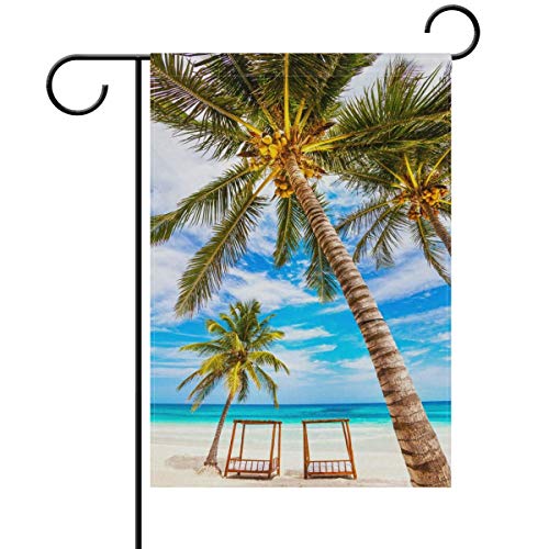 Drapeau de jardin - Palmier tropical à la plage de l'océan - Drapeau saisonnier de couleur vive - Décoration amusante pour l'extérieur et l'intérieur - 32 x 48 cm