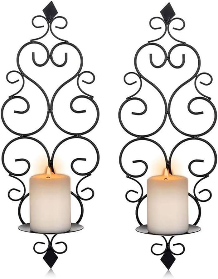 Alnicov Iron Wall Candle Sconce Holder,Set of 2 Hanging Wall Mounted Pillar Candle Sconces Holder Wall Sconces Decor for Bedroom Dining Room Living Room Bathroom,Black