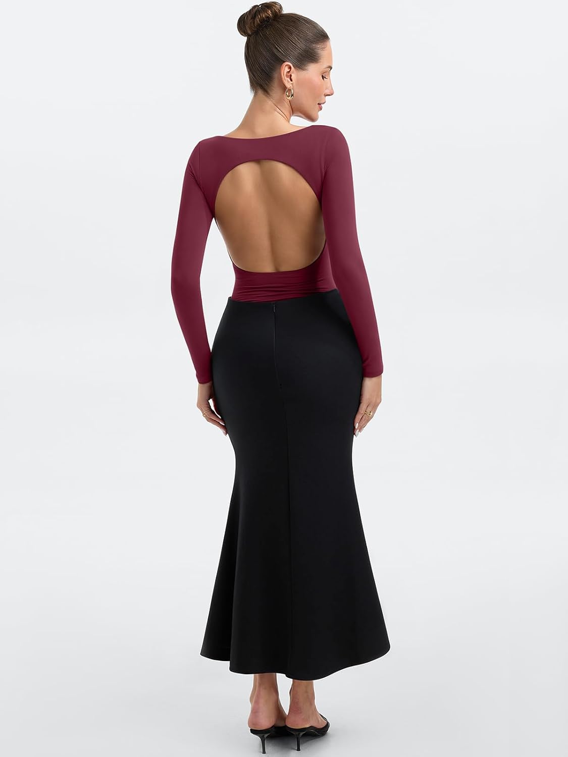 PINKMSTYLE Women Open Back Long Sleeve Bodysuit Boat Neck Double Lined Tops Slim Fit Ruched Backless Going Out Y2K Body Suit - Image 6