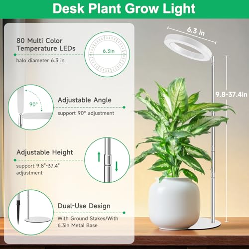 Image of Aokrean 6.3in Halo Grow Lights for Indoor Plants, Full Spectrum with Base | 80 LEDs White 1-Pack, 2 Installation Ways, 9.8-37.4 in Height Adjustable, 3 Lighting Modes, Timer 6 /12 /16Hrs, 5 Brightness