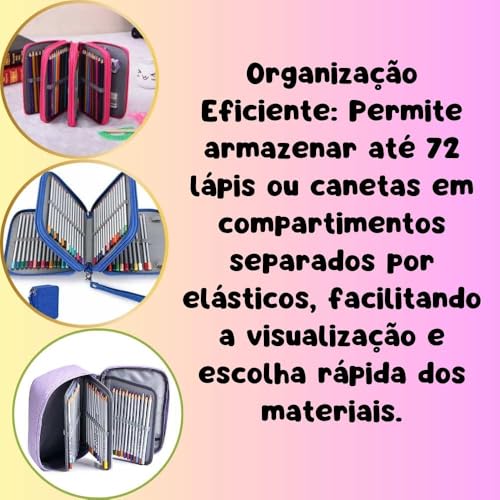 Estojo Escolar Grande Com 4 Divisórias Organizador 72 Caneta Lápis Alça de Transporte (Azul)