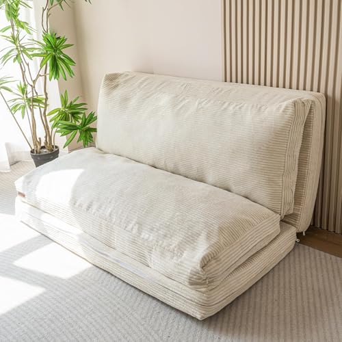 Image of MAXYOYO Folding Sofa Bed, Floor Sofa Convertible Chair with Washable Cover, Floor Couch Lounge Bean Bag Chair Bed for Living Room, Beige, 39x91 Inch