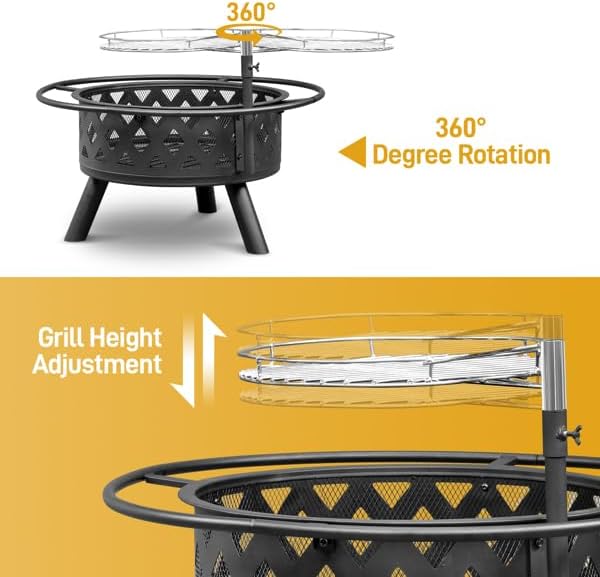 BlackFire Pit for Outside, 30" Outdoor Burning Fire Pits, Patio Backyard Firepit with Steel BBQ Grill Cooking Grate, Steel Firepit Bowl for Patio Garden, 30.3" D x 30.3" W x 20.5" H