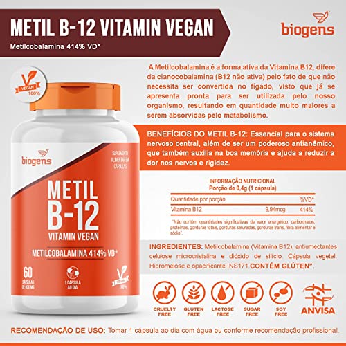 Metil B-12 Vegan Vitamin Metilcobalamina 414%VD, 60 cápsulas, Biogens