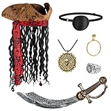 ZIZWO 6PCS Pirate Costume Accessories for Adult,Halloween Pirate Hat with Dreadlocks,Eye Patch Earring Skull Necklace Plastic Knife Silver Ring for Men Woman Cosplay