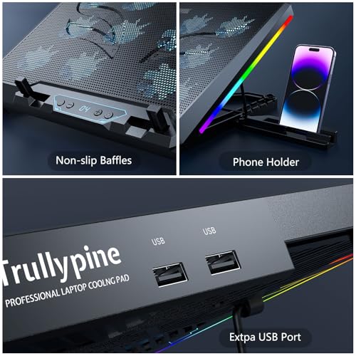Image of Laptop Cooling Pad with 12 Quiet Fans, Slim Portable for 12-17.3 Inch Laptop Cooler Stand, RGB Lighting, with 5 Height Adjustable, Gaming Cooling Fan Pad,Two USB Ports, Phone Holder (LCD)