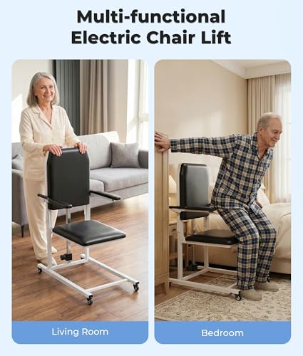 Image of Electric Chair Lift with 4 Wheels and PU Cushion, Get Up from Floor Lift for Elderly, 573 LBS, Safety Seat Belts and Handrails, Suitable for Home or Care Facilities Use
