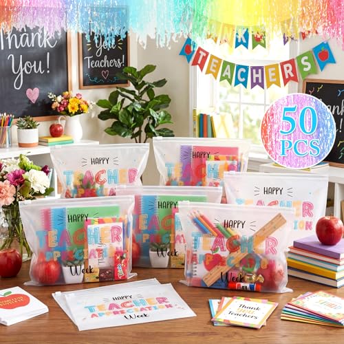 Kacctyen 100 Pcs Teacher Appreciation Gift Bulk Happy Teacher Week EVA Cosmetic Bag Bulk Gifts for Man Woman Accessories for Makeup Party Favors Makeup Toiletry Pouch with Zipper Staff