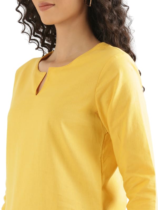 Image of SAADAA Airy Linen Split Neck Short Kurta for Women | Casual & Office Wear | 3 /4 Sleeves, Comfortable Fit | Elegant Top | Lightweight & Breathable Fabric |